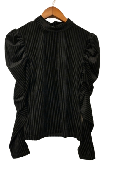 Mock Neck Top Puff Long Sleeve Rib Black Velvet M - Picture 7 of 12